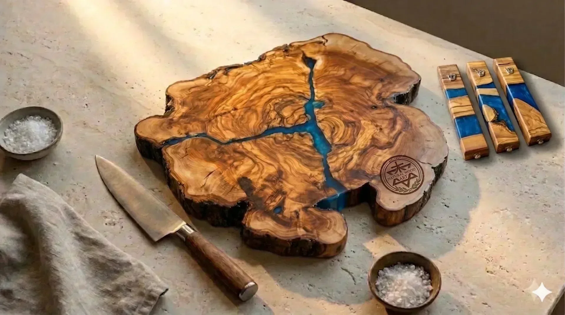 Handcrafted olive wood cutting board with blue epoxy resin and sculptural mezuzah on pale stone