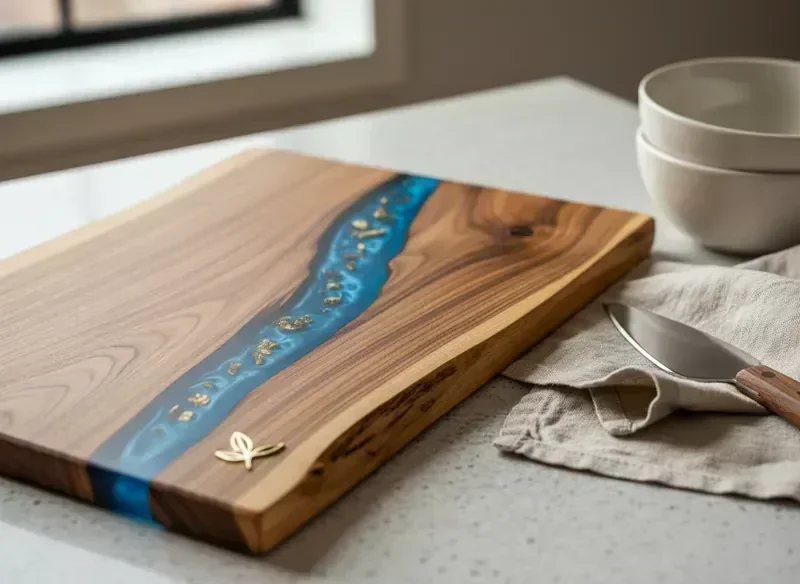 Close-up of acacia wood grain showing bold warm caramel tones and strong grain lines