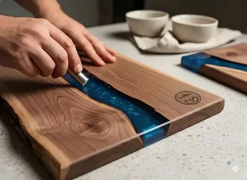 Artisan selecting a raw olive wood slab for crafting