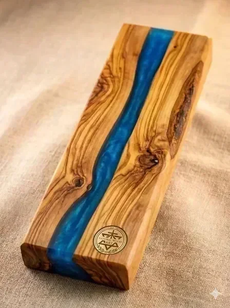 Handcrafted olive wood mezuzah with blue resin inlay